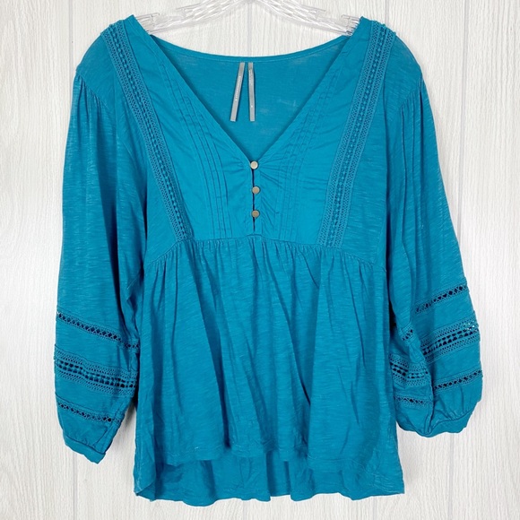 Anthropologie Tops - Anthropologie | Kaye Pintucked Babydoll Bell Sleeve Top Blouse Teal Size Medium